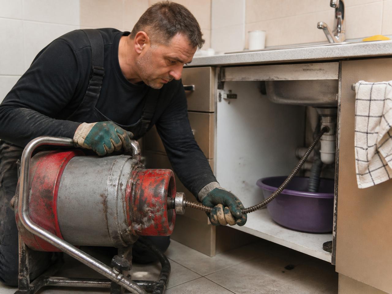 Vodoinstalater koristi profesionalnu električnu sajlu za odgušenje kuhinjskog odvoda