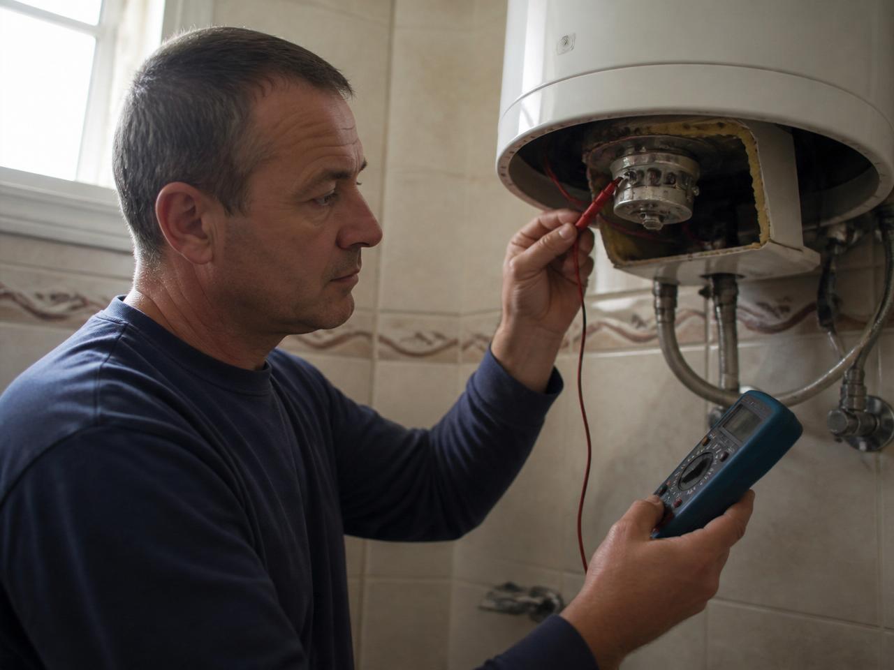 Vodoinstalater proverava grejač bojlera multimetrom u kupatilu beogradskog stana
